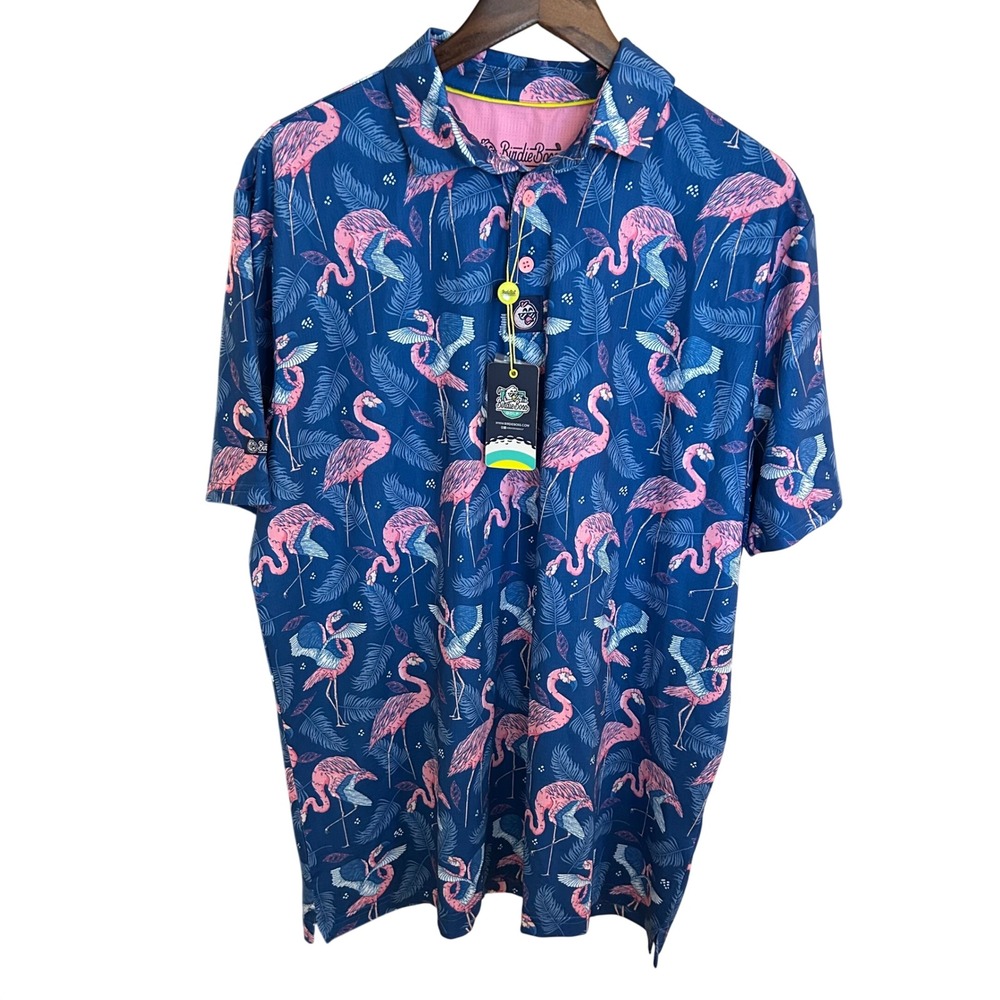 Birdie Boss Mens XXL Flamingo Tropical Golf Polo Navy Blue Pink NWT BB-POLO-FLAM - Picture 4 of 11